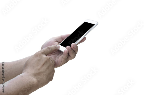 hand holding smartphone isolated on white clipping path inside
