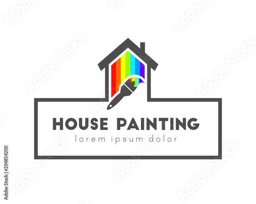 House painting logo concept with paintbrush. House made of color spectrum.