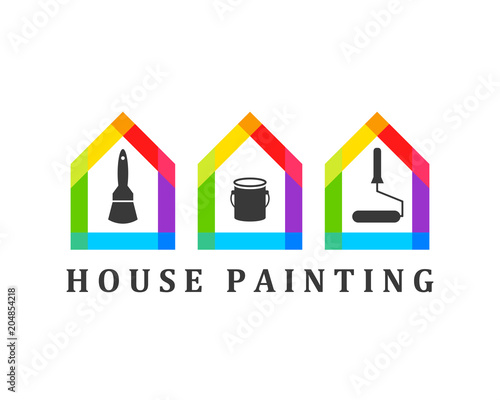 House painting concept with paint brush, bucket and roller icons