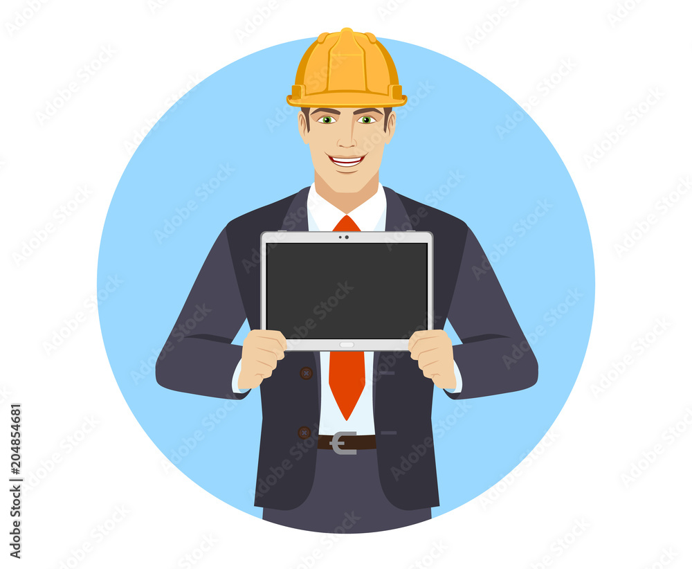 Businesswoman in construction helmet showing blank digital tablet PC