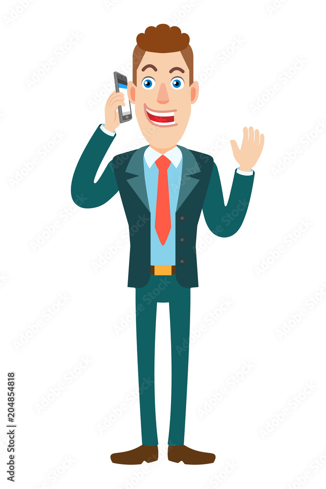 Businessman talking on mobile phone and raised a hand in greeting Businessman talking on mobile phone and raised a hand in greeting