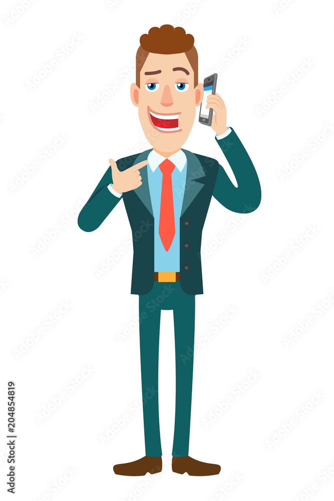 Businessman pointing his finger at the mobile phone that he talks Businessman pointing his finger at the mobile phone that he talks