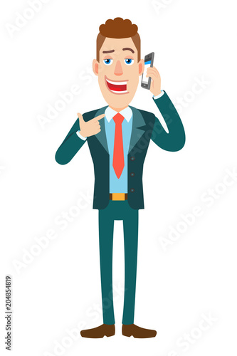 Businessman pointing his finger at the mobile phone that he talks
