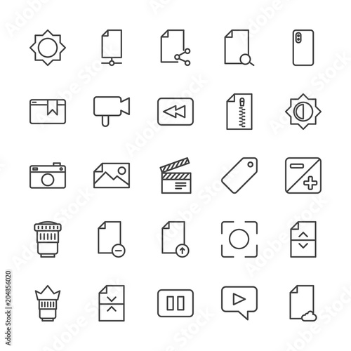 Modern Simple Set of video, photos, bookmarks, files Vector outline Icons. Contains such Icons as message, office, flash, light, divider and more on white background. Fully Editable. Pixel Perfect.