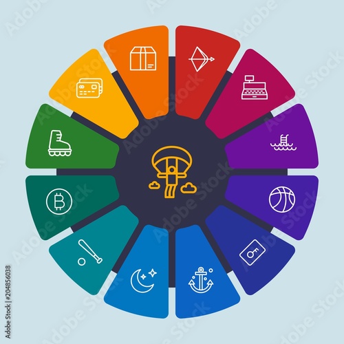 hotel, sports, shopping, travel Infographic Circle outline Icons Set. Contains such Icons as  unlock,  ball,  package,  swimming,  astronomy,  payment, bow, key and more. Fully Editable. Pixel Perfect