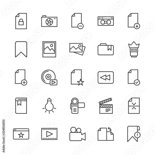 Modern Simple Set of video, photos, bookmarks, files Vector outline Icons. Contains such Icons as media, remove, production, bookmark and more on white background. Fully Editable. Pixel Perfect.