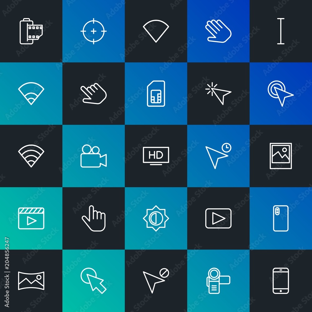 Modern Simple Set of mobile, video, photos, cursors Vector outline Icons. Contains such Icons as  block,  landscape, panorama and more on dark and gradient background. Fully Editable. Pixel Perfect.