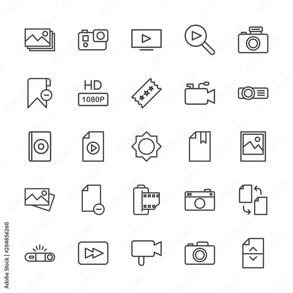 Modern Simple Set of video, photos, bookmarks, files Vector outline Icons. Contains such Icons as  cameraman,  button,  movie,  photography and more on white background. Fully Editable. Pixel Perfect.