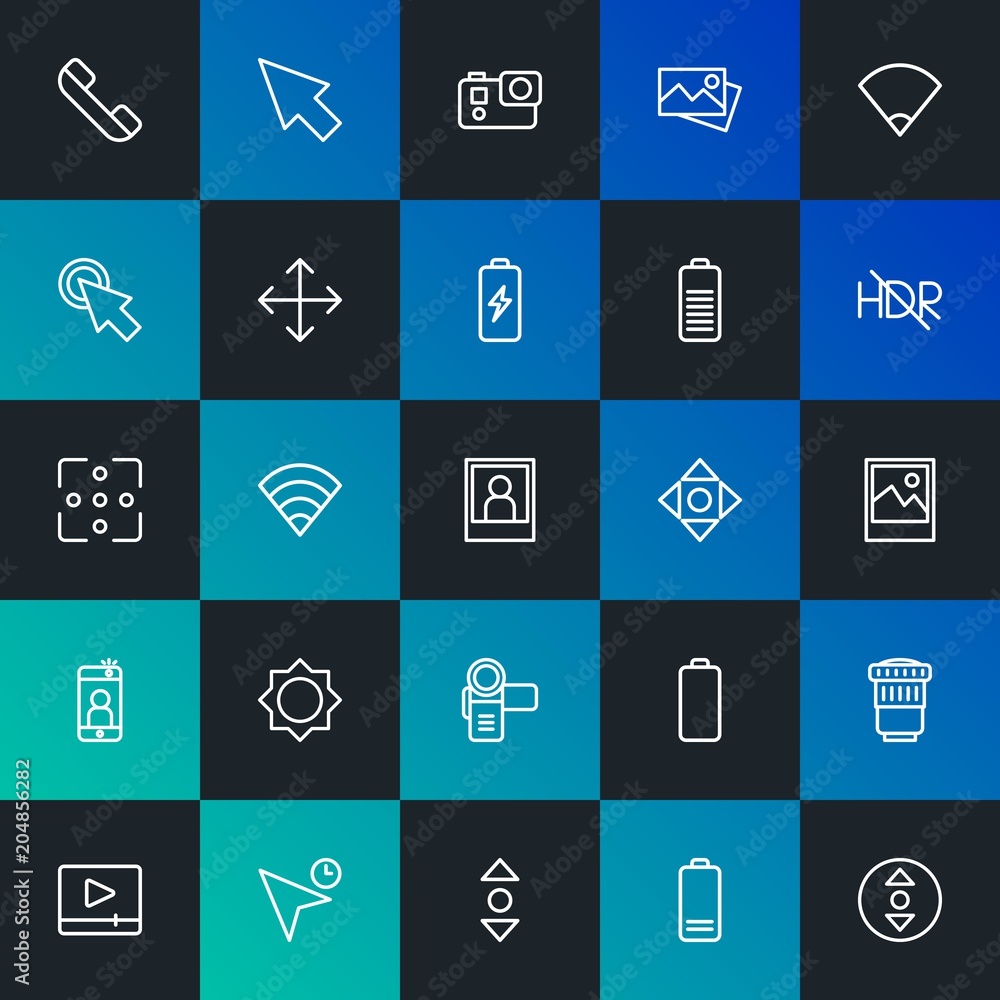 Modern Simple Set of mobile, video, photos, cursors Vector outline Icons. Contains such Icons as battery, cursor, photography and more on dark and gradient background. Fully Editable. Pixel Perfect. Modern Simple Set of mobile, video, photos, cursors Vector outline Icons. Contains such Icons as battery, cursor, photography and more on dark and gradient background. Fully Editable. Pixel Perfect.