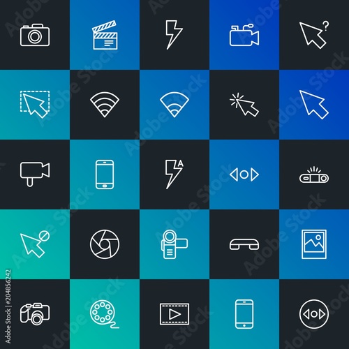 Modern Simple Set of mobile, video, photos, cursors Vector outline Icons. Contains such Icons as lens, camera, cursor, end and more on dark and gradient background. Fully Editable. Pixel Perfect.