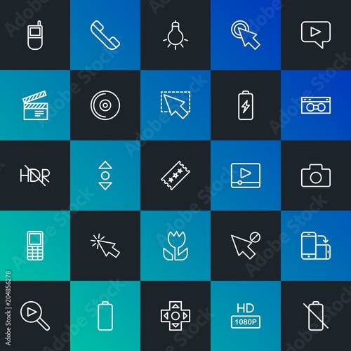 Modern Simple Set of mobile, video, photos, cursors Vector outline Icons. Contains such Icons as vertical, telephone, scroll and more on dark and gradient background. Fully Editable. Pixel Perfect.