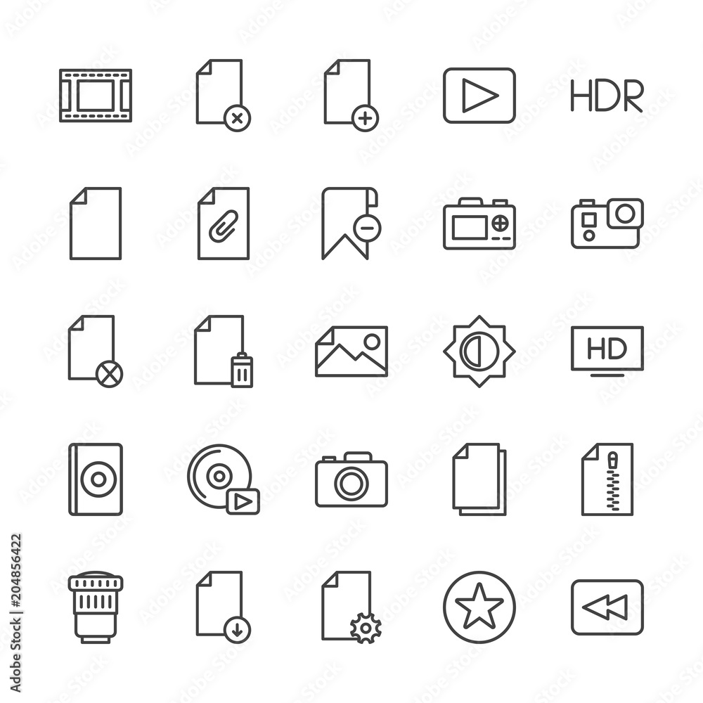 Modern Simple Set of video, photos, bookmarks, files Vector outline Icons. Contains such Icons as data, play, business, hdr, scroll, add and more on white background. Fully Editable. Pixel Perfect. Modern Simple Set of video, photos, bookmarks, files Vector outline Icons. Contains such Icons as data, play, business, hdr, scroll, add and more on white background. Fully Editable. Pixel Perfect.