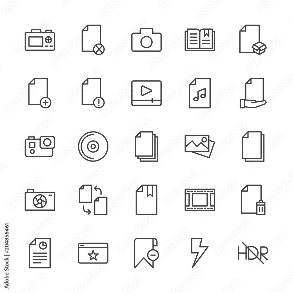 Modern Simple Set of video, photos, bookmarks, files Vector outline Icons. Contains such Icons as  block,  data,  camera,  digital,  office and more on white background. Fully Editable. Pixel Perfect.