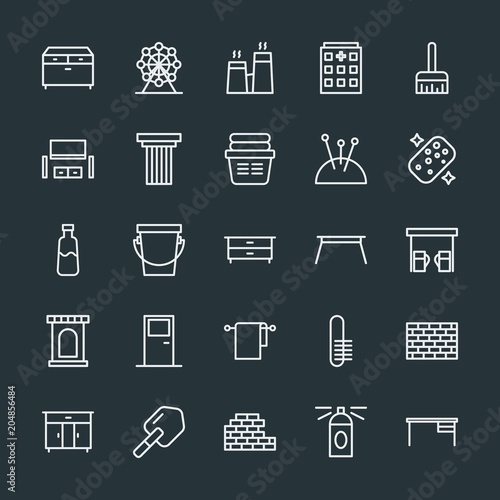 Modern Simple Set of buildings, furniture, housekeeping Vector outline Icons. Contains such Icons as dustpan,  furniture,  concrete, room and more on dark background. Fully Editable. Pixel Perfect.