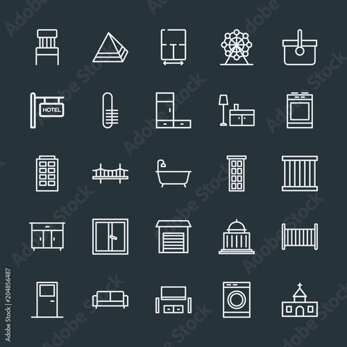 Modern Simple Set of buildings, furniture, housekeeping Vector outline Icons. Contains such Icons as bed, door, home, background, god and more on dark background. Fully Editable. Pixel Perfect.