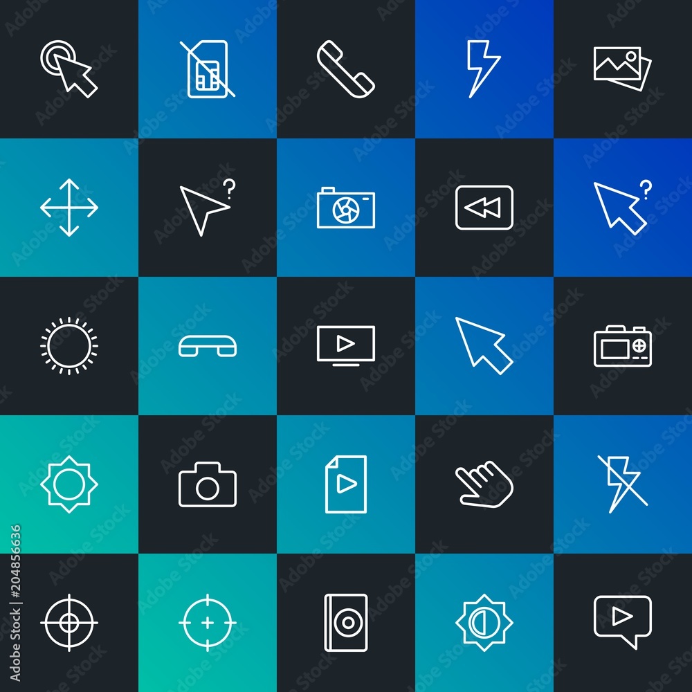 Modern Simple Set of mobile, video, photos, cursors Vector outline Icons. Contains such Icons as click,  fashion,  center,  no and more on dark and gradient background. Fully Editable. Pixel Perfect.