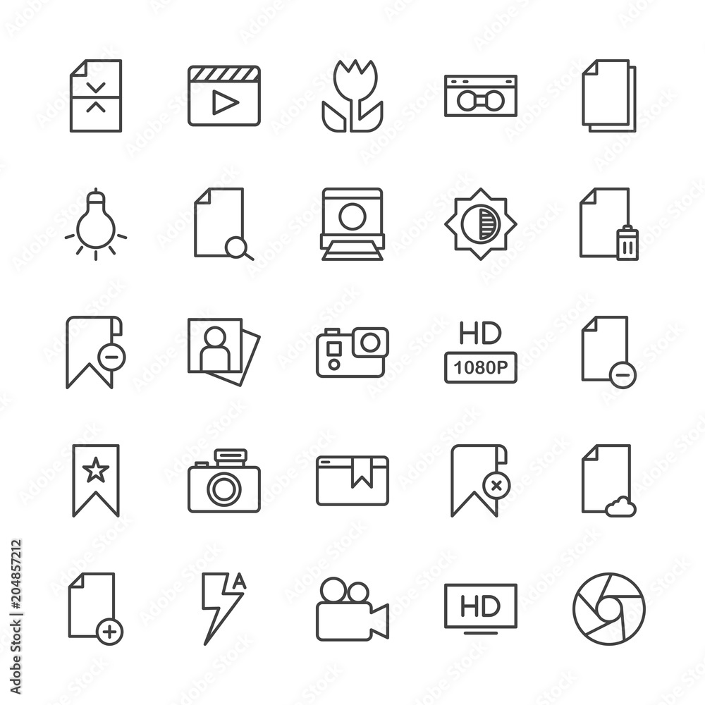 Modern Simple Set of video, photos, bookmarks, files Vector outline Icons. Contains such Icons as  theater,  new,  adult,  file,  cinema and more on white background. Fully Editable. Pixel Perfect.