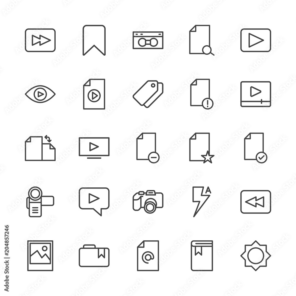 Modern Simple Set of video, photos, bookmarks, files Vector outline Icons. Contains such Icons as  media,  information,  school,  lightning and more on white background. Fully Editable. Pixel Perfect.