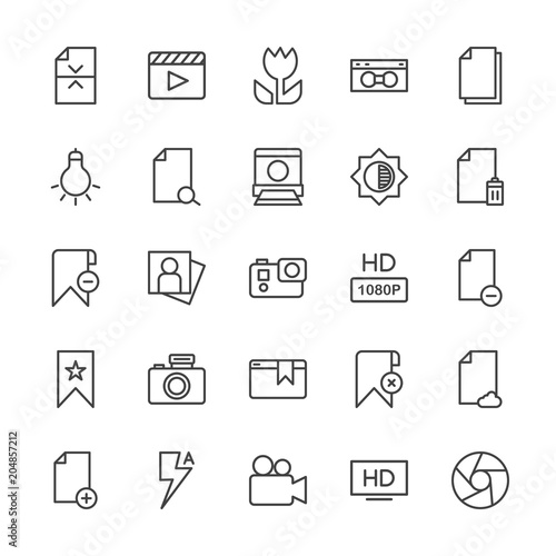 Modern Simple Set of video, photos, bookmarks, files Vector outline Icons. Contains such Icons as theater, new, adult, file, cinema and more on white background. Fully Editable. Pixel Perfect.