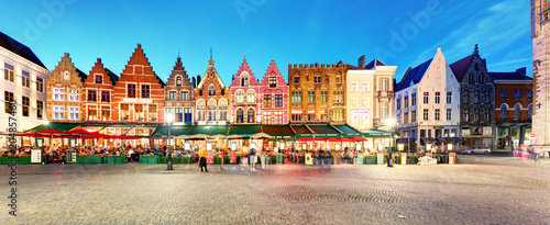 Bruges - Panorama of Market place at night, Belgium