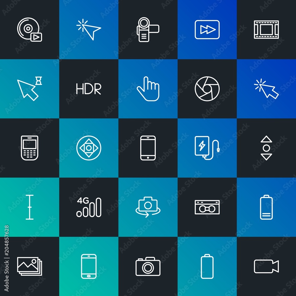 Modern Simple Set of mobile, video, photos, cursors Vector outline Icons. Contains such Icons as  cd,  scroll,  cassette,  web and more on dark and gradient background. Fully Editable. Pixel Perfect.