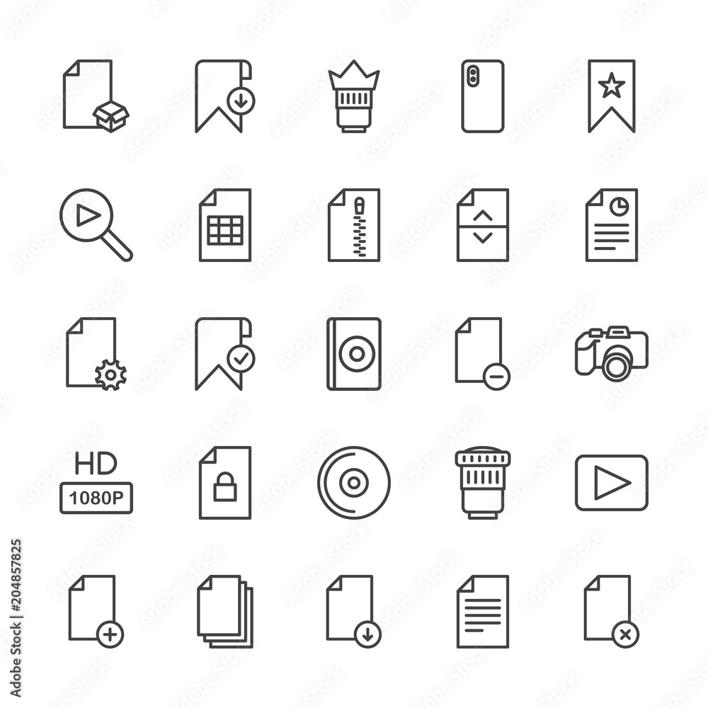 Modern Simple Set of video, photos, bookmarks, files Vector outline Icons. Contains such Icons as  new,  dual, lens,  computer, camera, add and more on white background. Fully Editable. Pixel Perfect.