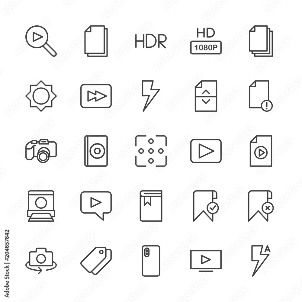 Modern Simple Set of video, photos, bookmarks, files Vector outline Icons. Contains such Icons as travel, internet, business, music, hd and more on white background. Fully Editable. Pixel Perfect. Modern Simple Set of video, photos, bookmarks, files Vector outline Icons. Contains such Icons as travel, internet, business, music, hd and more on white background. Fully Editable. Pixel Perfect.