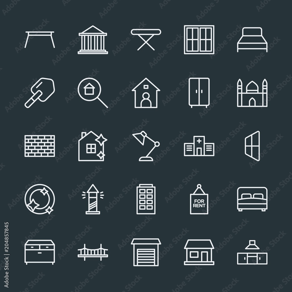 Modern Simple Set of buildings, furniture, housekeeping Vector outline Icons. Contains such Icons as cabinet, building, property, bed and more on dark background. Fully Editable. Pixel Perfect. Modern Simple Set of buildings, furniture, housekeeping Vector outline Icons. Contains such Icons as cabinet, building, property, bed and more on dark background. Fully Editable. Pixel Perfect.