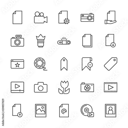 Modern Simple Set of video, photos, bookmarks, files Vector outline Icons. Contains such Icons as download, media, lens, player, computer and more on white background. Fully Editable. Pixel Perfect.