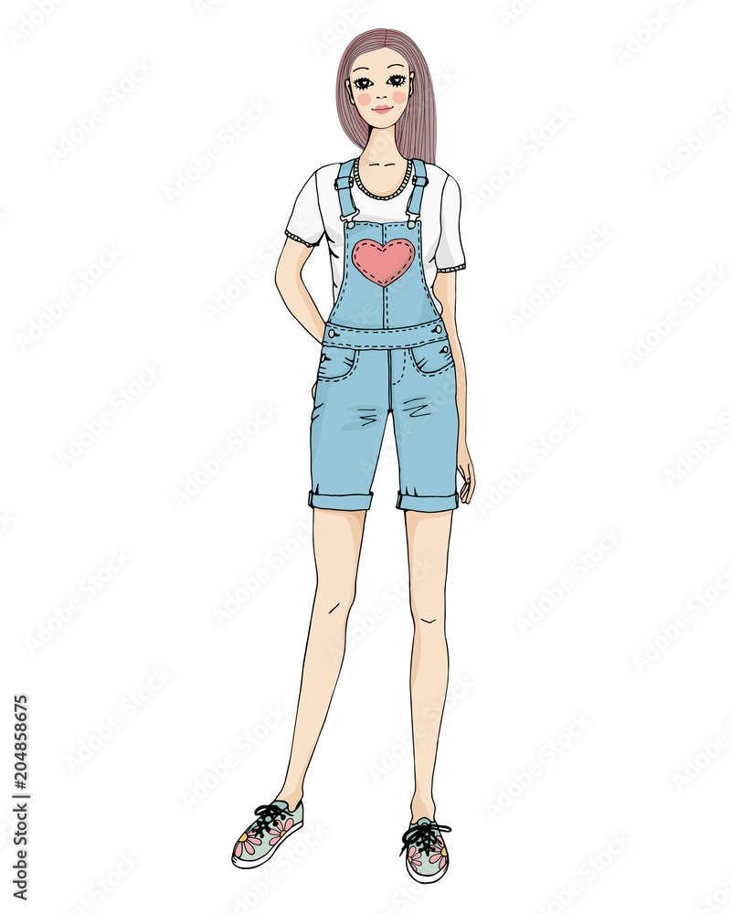 young teenage Sketch girl in jeans overalls with print heart. Fashion model.  Drawing vector illustration on white background. Stock Vector | Adobe Stock