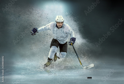 Caucasian ice hockey Players in dynamic action in a professional