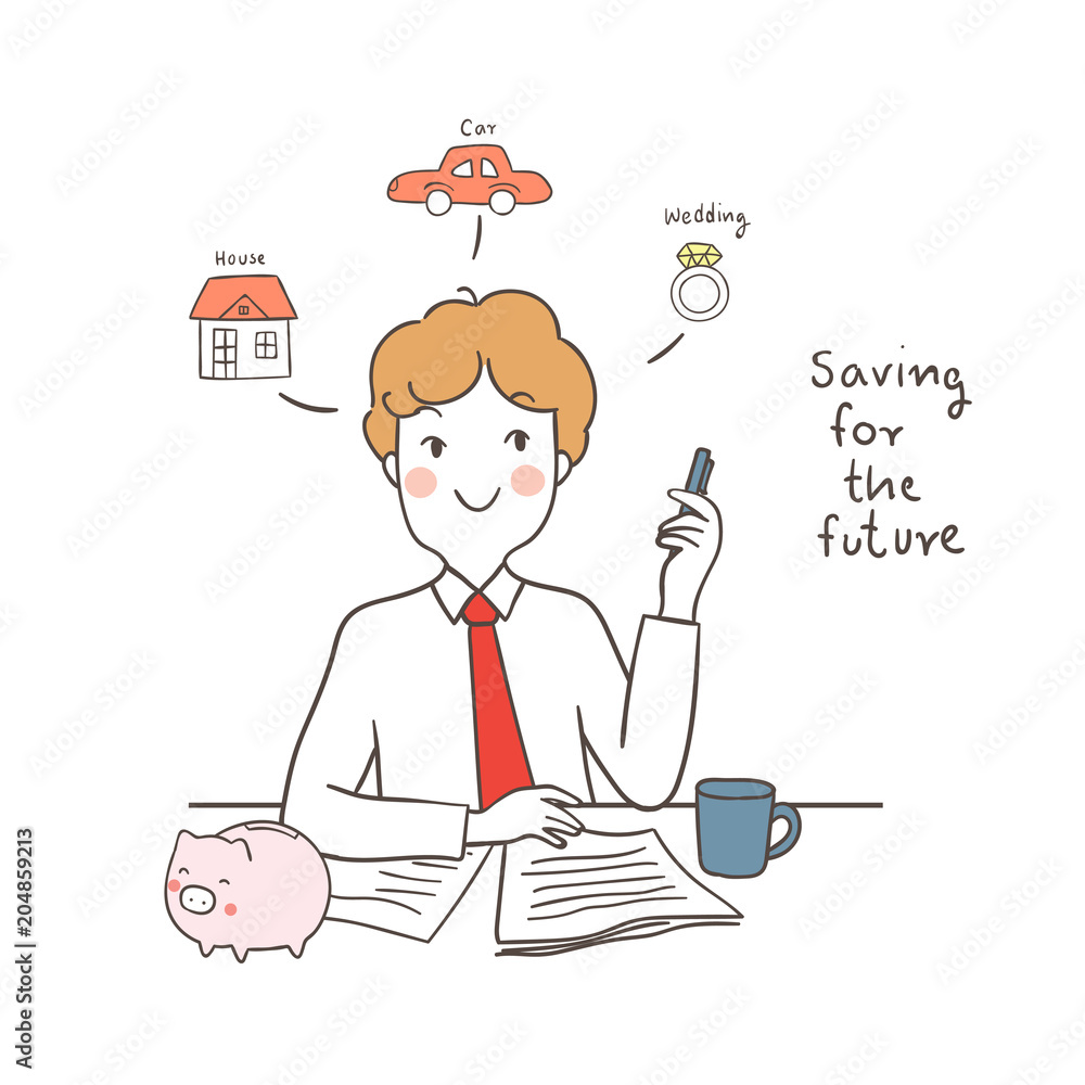 Vector illustration character design business man planning saving money for his future Draw doodle cartoon style