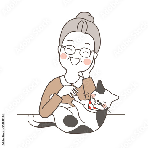 Vector illustration character design happy elderly woman playing with adorable cat so funny Draw doodle cartoon style