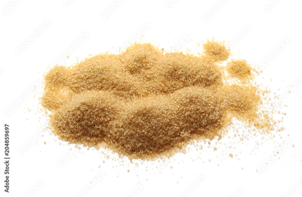 Brown cane sugar pile isolated on white background, sugarcane texture Brown cane sugar pile isolated on white background, sugarcane texture
