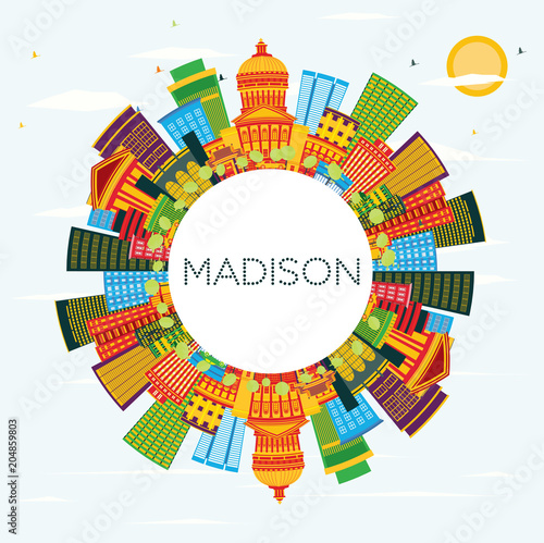 Madison Wisconsin Skyline with Color Buildings, Blue Sky and Copy Space.