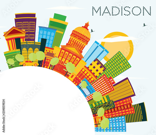 Madison Wisconsin Skyline with Color Buildings, Blue Sky and Copy Space.