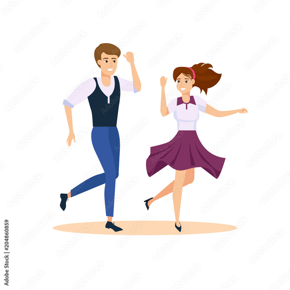 Dancing couple vector illustration. Happy swing dancers.
