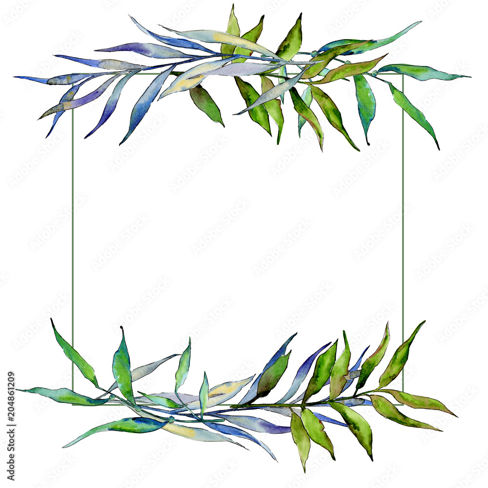 Obraz premium Willow branches in a watercolor style frame. Aquarelle leaf for background, texture, wrapper pattern, frame or border.