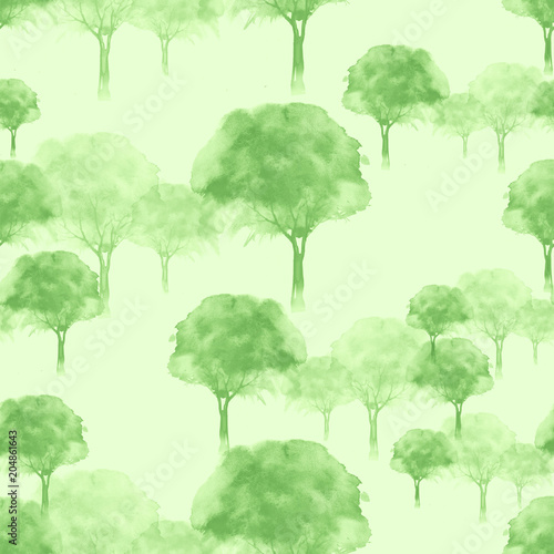 Seamless watercolor pattern. Autumn  summer landscape  forest  park. Silhouettes of trees and bushes. Green  colors. Vintage illustration. Hill  slope with trees.