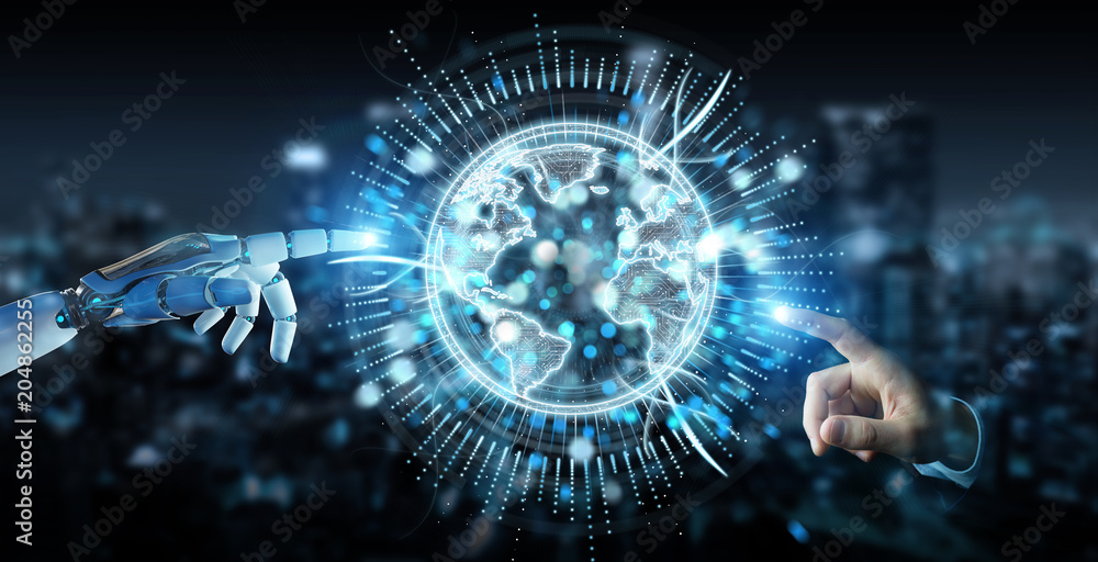 White robot hand using globe network hologram with America Usa map 3D rendering White robot hand using globe network hologram with America Usa map 3D rendering
