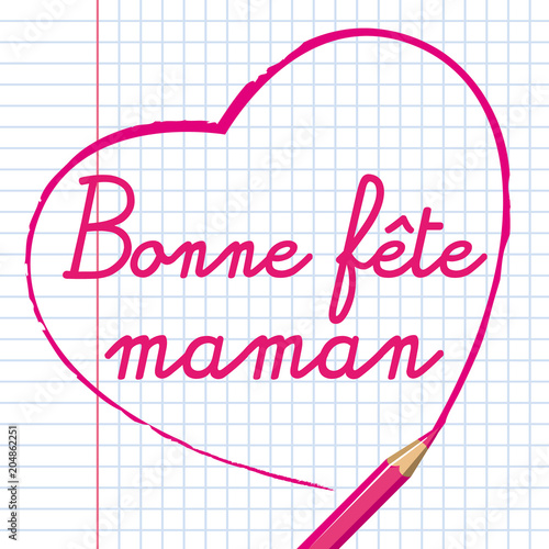 Bonne fête maman écrit sur un cahier au crayon de couleur rose. photo