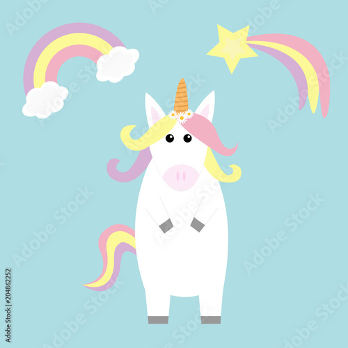 Unicorn holding rainbow cloud comet meteor shooting falling star. Kawaii face. Pastel color. Flat lay design. Cute cartoon baby character. Funny horse. Happy Valentines Day. Love card Blue background
