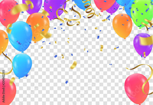 Vector party balloons illustration. Confetti and ribbons flag ribbons, Celebration background template