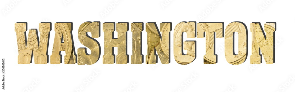 Washington. Shiny golden coins textures for designers. White isolate Washington. Shiny golden coins textures for designers. White isolate
