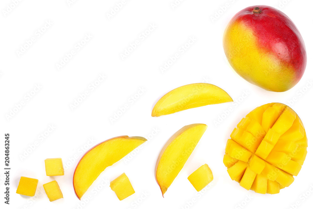Mango fruit and half isolated on white background with copy space for your text. Top view. Flat lay Mango fruit and half isolated on white background with copy space for your text. Top view. Flat lay