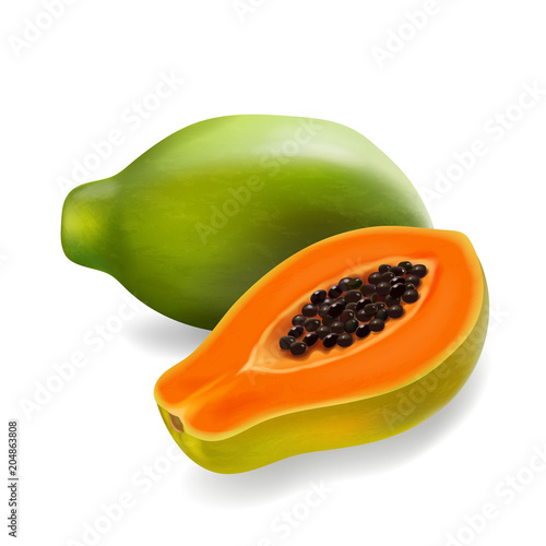 Papaya slice and whole fruit realistic illustration icon
