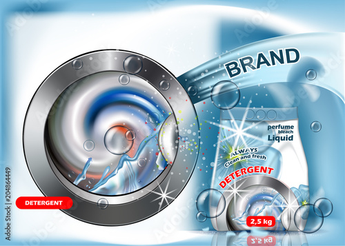 Biue package washing powder advertising, on wash machine background. The template is of high quality.