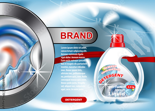 Washing powder liquid advert, on wash machine background. The template is of high quality.