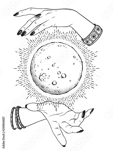 Hand drawn full moon with rays of light in hands of fortune teller line art and dot work. Boho chic tattoo, poster or altar veil print design vector illustration.
