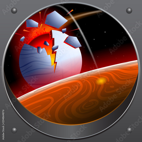 Collision of the asteroid with the planet. A look from the spaceship.